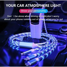 Cablu de date luminos 3 în 1 Alainn®, USB Type-C, Micro USB și compatibil iPhone, înveliș TPE, LED albastru, 1m