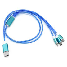 Cablu de date luminos 3 în 1 Alainn®, USB Type-C, Micro USB și compatibil iPhone, înveliș TPE, LED albastru, 1m