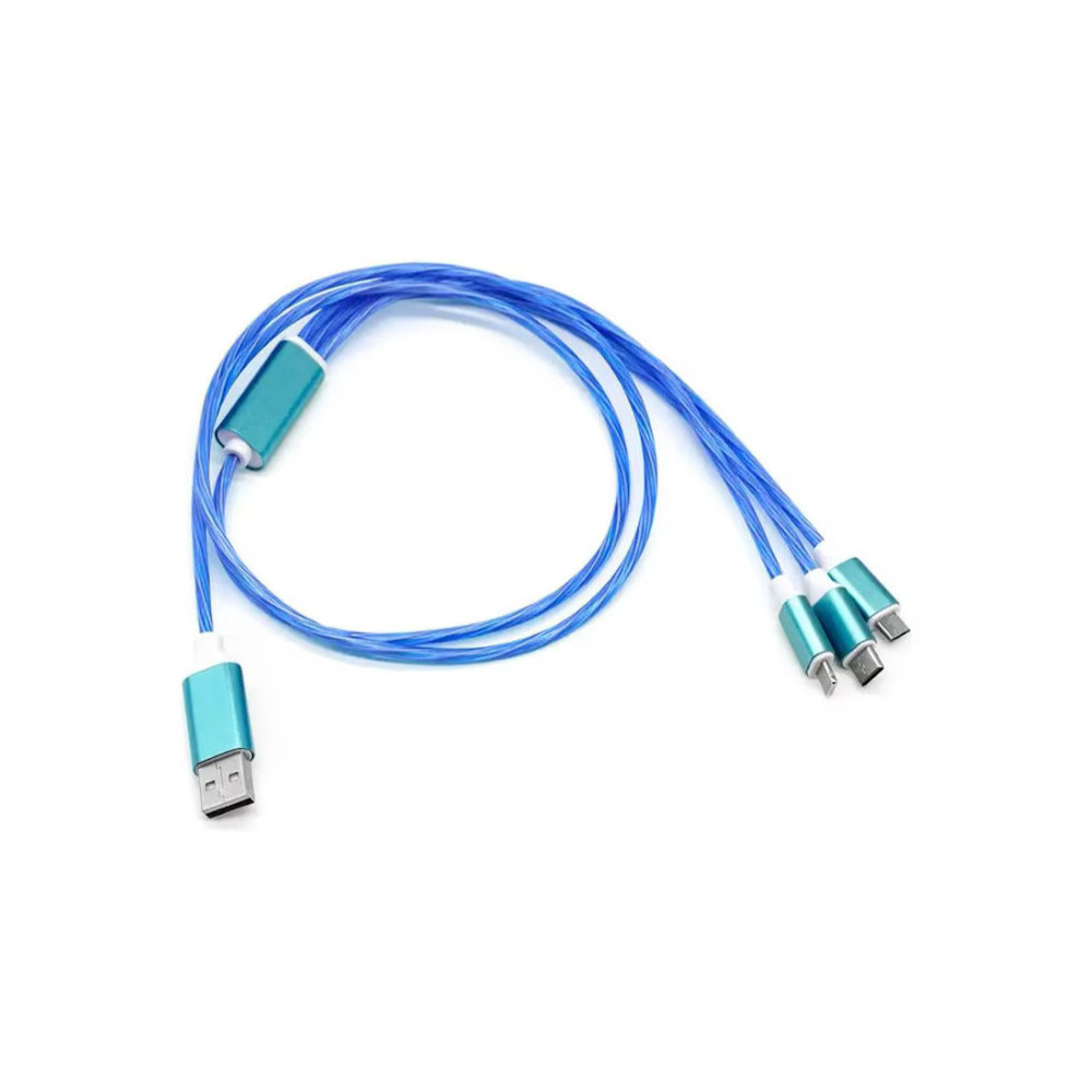 Cablu de date luminos 3 în 1 Alainn®, USB Type-C, Micro USB și compatibil iPhone, înveliș TPE, LED albastru, 1m